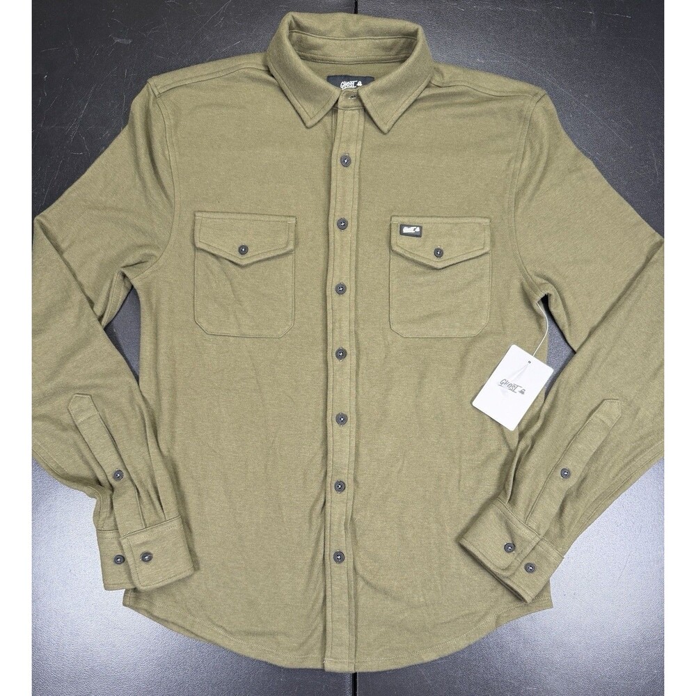 Ghost Energy Mens Long Sleeve Button Down Shirt Olive Green Flannel Medium NWT